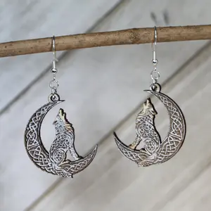 Celtic Wolf Moon Wooden Dangle Earrings | Norse Mythology Jewelry