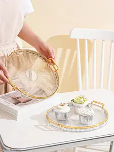 Acrylic Striped Round Serving Tray with Diamond Decorations – Suitable for Entertaining, Breakfast Serving, Coffee Table Display & Home Decor