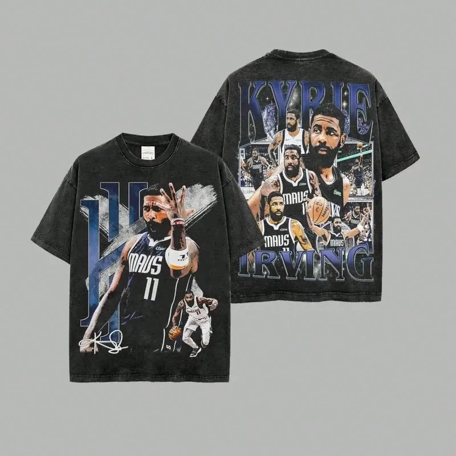 Vintage Distressed Acid‑Washed graphic tees, Basketball Player‑Inspired Soft Breathable 100% Cotton Kyriee 11 Portrait Print Relaxed‑Fit Casual Street‑Style Short‑Sleeve Top