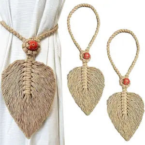 2-Pack Bohemian  Leaf Curtain Tiebacks with Beaded Decoration - Handwoven Drapery Holdbacks for , Bedroom, and Office Decor (Brown)