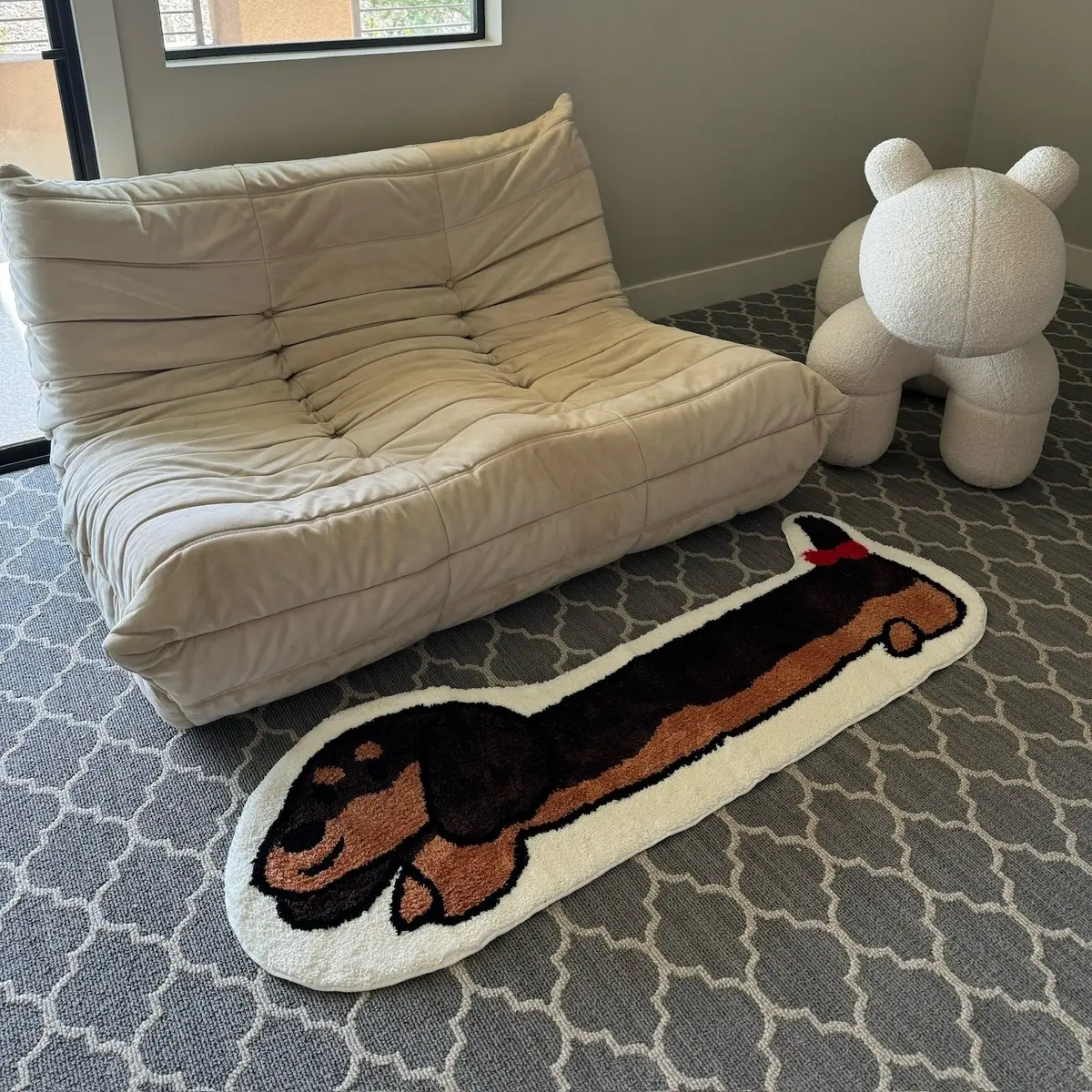 Plush Tufted Decorative Area Rug, Modern Cute Pup Pattern Wiener Dog Design, Non-Slip Stays Put on Floor 20in x 60in Carpet for Bedroom Bedside Use
