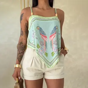 CHICME Women's Tropical Animal & Plants Print Square Neck Adjustable Spaghetti Straps Top Sexy Backless Tie Back Asymmetrical Hem Cami Top