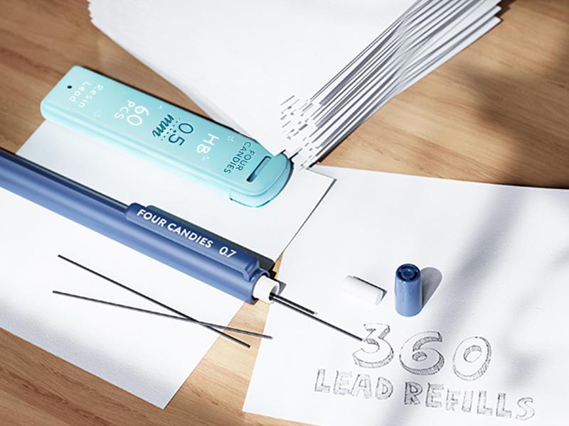 Four Candies Back to School Mechanical Pencil Set with 0.5/0.7/0.9/0.5 & 0.7/2.0mm Lead Refills HB & 2B Pastel Erasers 29-Count Pack with Case Cute Aesthetic School Supplies for Writing Drawing Sketching Art Materials