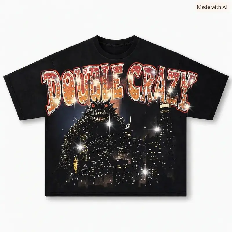 [no rhinestones] Y2K Vintage Rap Tee Gildan Heavyweight Cotton T-Shirt Double Crazy Kaiju Monster Graphic Oversized Retro Streetwear Heavy Metal Grunge Tee US Trendy Gift