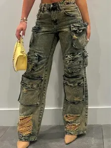 Elengatine  FallFreshness 13 Pockets Casual Chic High Waisted Loose Fit Straight Leg Cargo Jeans Women Vintage - inspired Distressed Denim Cargo Pants for Women, Multiple Utility Pockets, Loose Wide - Leg Style Trouser Womenswear
