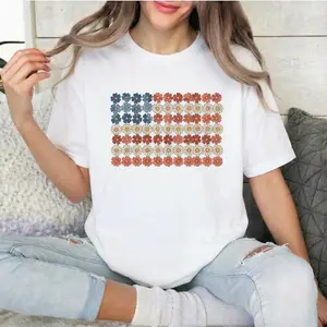 American Flag, Flowers, Red White Blue, Floral, Patriotic, Independence Day, 1776, USA, Tshirt, Women's Comfort Color Tee, Tshirt Plus Size Women's Casual Graphic Print Short Sleeve Crew Neck T-Shirt made in USA Tees Women Tops