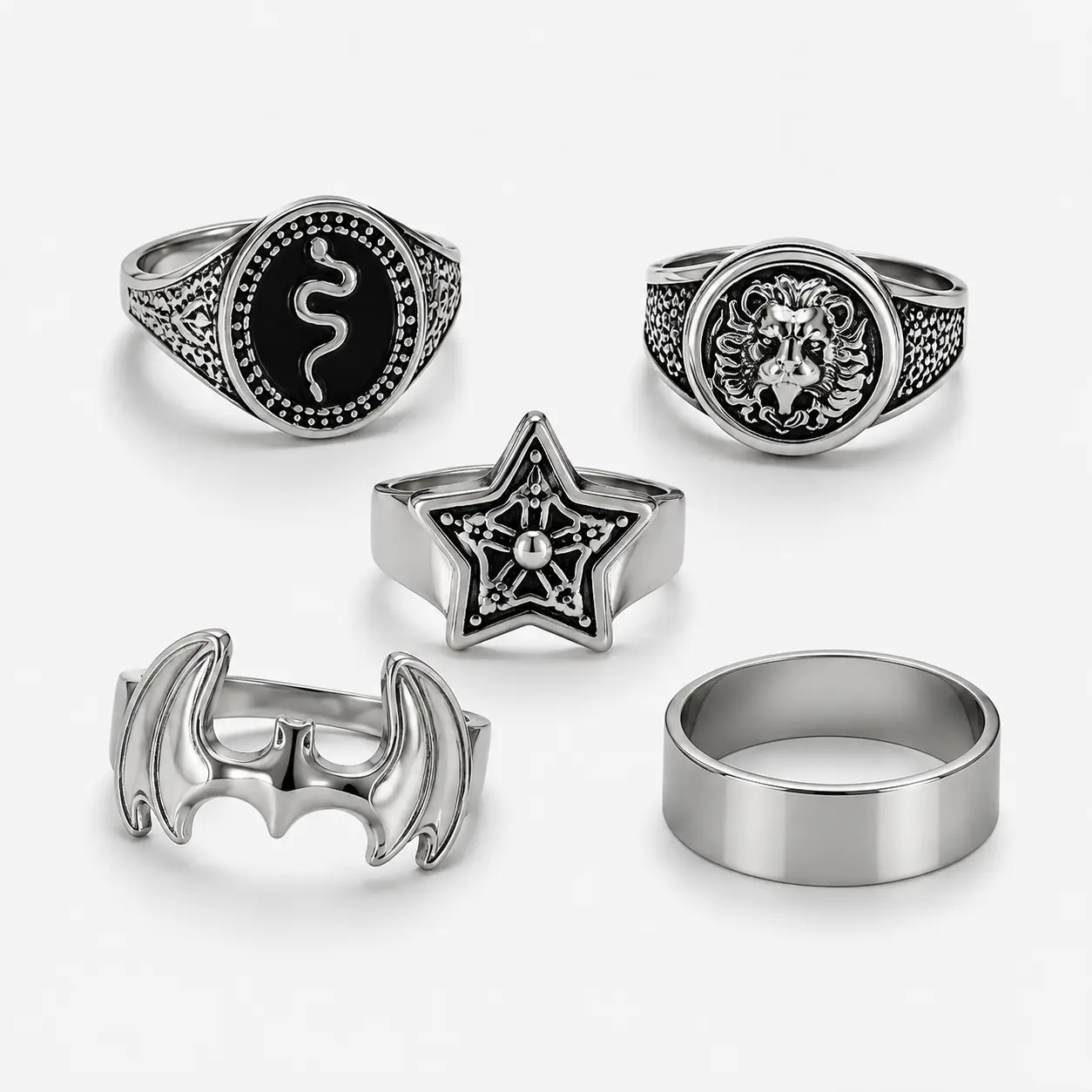 Silver Tone Rings Set with Snake, Lion, Star, Bat, and Plain Designs for Men and Women