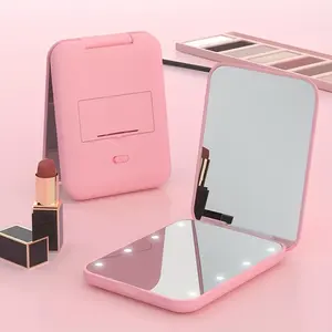 Handheld folding makeup mirror led light, travel makeup mirror with light, can be put in wallet, double-sided, portable, folding, handheld, small mirror with light, can be used as a gift, Lighted Mirror