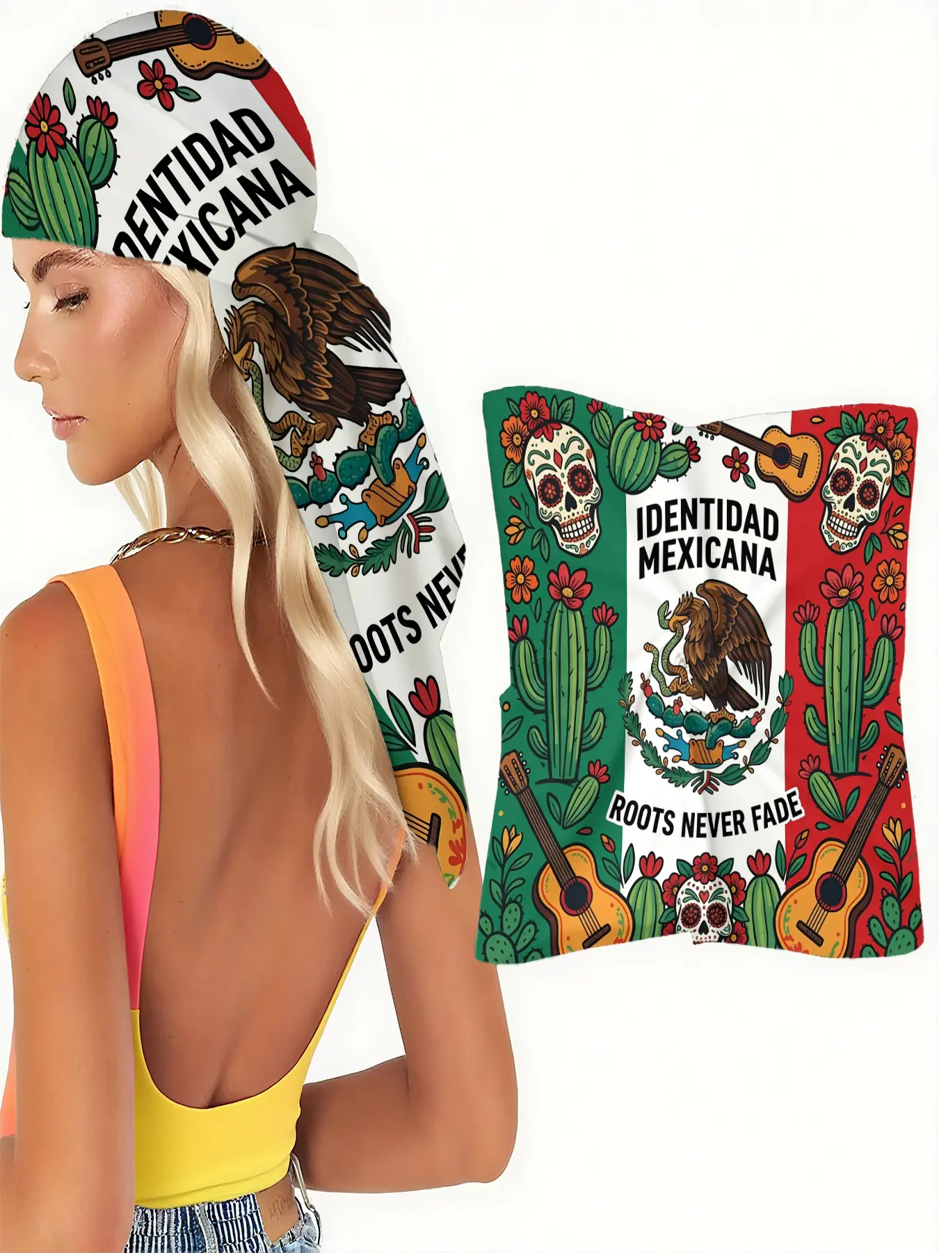Mexican National Culture Printed Polyester Scarf Shawl Wrap with Sugar Skulls, Cacti, Guitars, Mexican Eagle & National Flag - Statement Piece for Outfit Styling or Wall Decor
