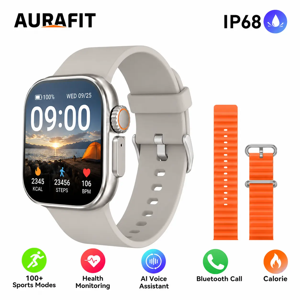 AURAFIT A8 PLUS Ultra Smart Watch | 1-Second Fast Pairing, Instant IG Message Reply, Bluetooth Calling, IP68 Waterproof, Wireless Charging, Heart Rate & Sleep Monitor, Multi-Sport Modes, Step & Calorie Tracker