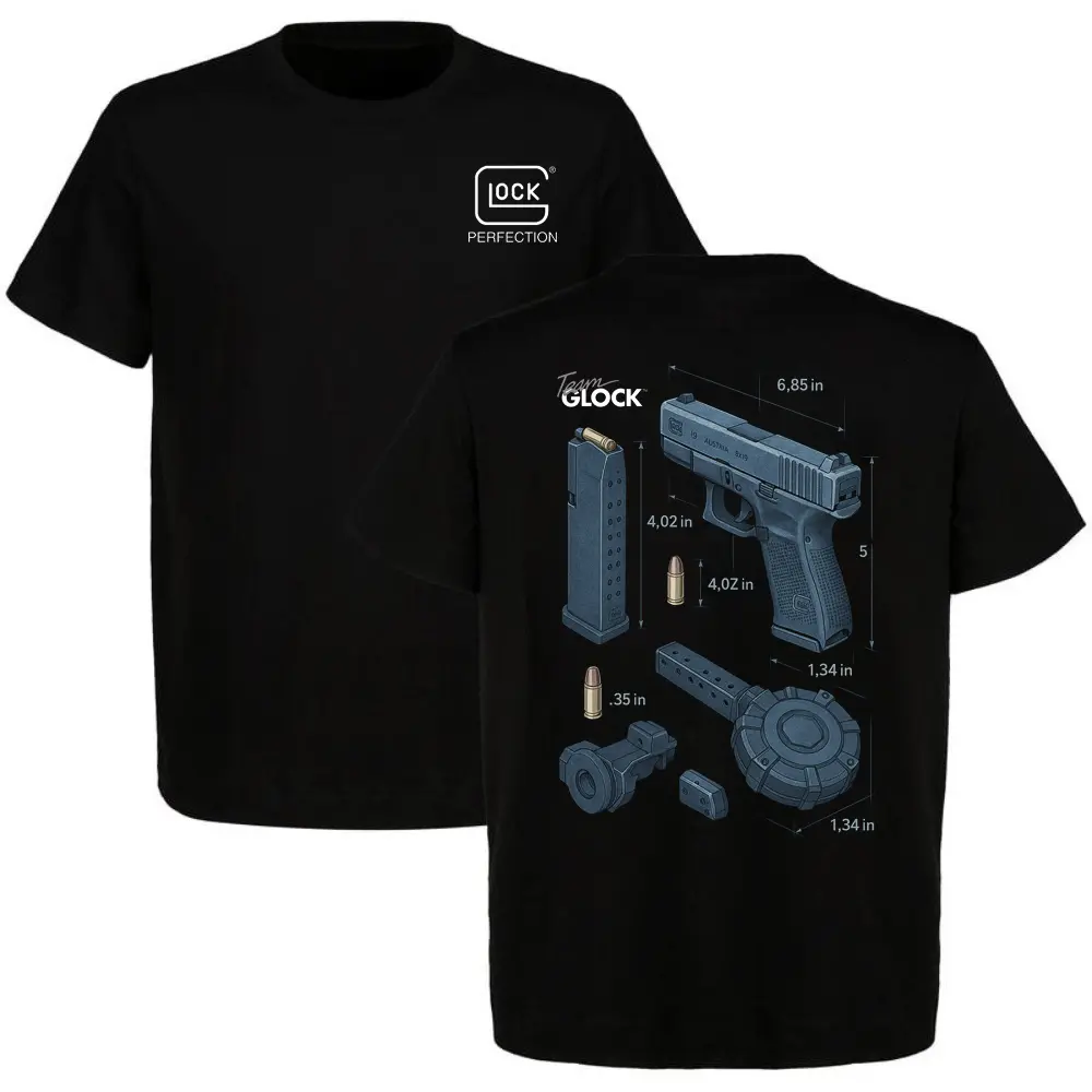 Team Glock Know Your Glock Gen 5 Graphic T-Shirt - Men's Cotton Short-Sleeve Casual Apparel, Full Color, Perfect for Outdoor Enthusiasts, Gift for Him, Shortsleeve