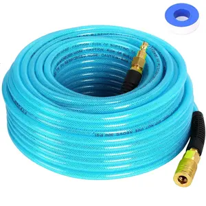Air Compressor Hose 1/4 Inch x 100  Reinforced Polyurethane (PU) Air Hose with Fittings, Bend Restrictors, 1/4" Industrial Quick Coupler and Plug Kit, Blue