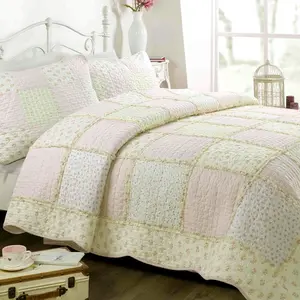 Sweet Peach Pink Floral Ruffle Scalloped Real Patchwork Cotton Reversible Quilt Bedding Set