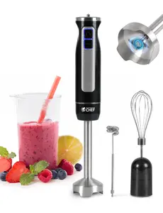 Commercial Chef Multi-Purpose Immersion Hand Blender with Detachable Stainless Steel Blending Stick, Includes 600 ml Beaker, Milk Frother & Whisk Attachments, 500 Watts, CHIB50B, Black