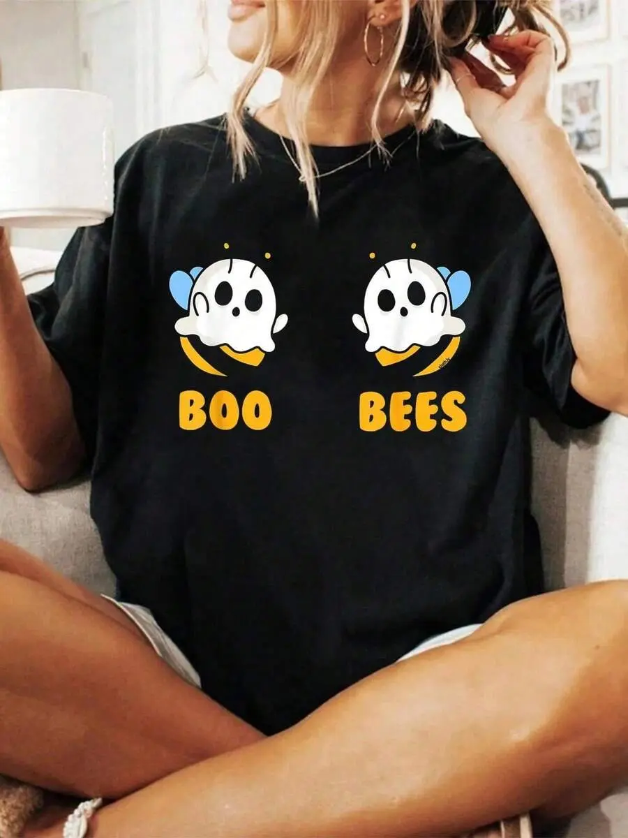 Halloween Graphic Women T Shirt Boo Bees Women Funny Halloween Matching Ghost Costume T-Shirt