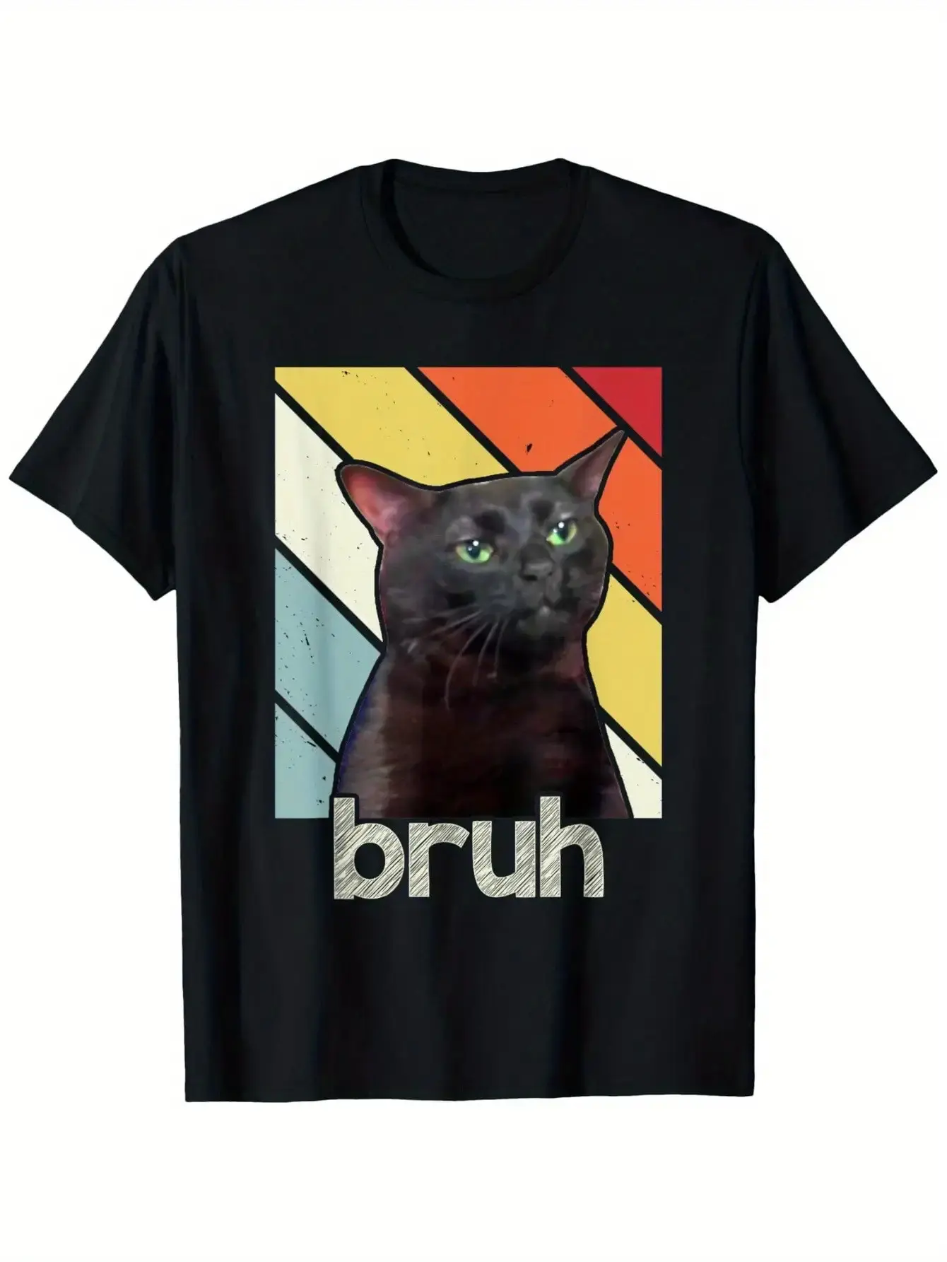 Funny Meme Image: "Bruh" Cat Greeting Youth T-shirt Soft Breathable Comfortable Short-sleeved Top Suitable for Both Men and Women Perfect Gift.