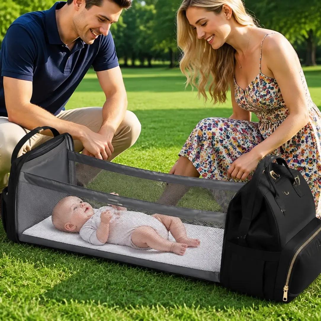 Multifunction Diaper Bag Backpack with Foldable Changing Station, Waterproof Large Capacity Baby Travel Bag for Mom and Dad, Insulated Bottle Holders, USB Charging Port, Laptop Pocket, Stroller Straps,
