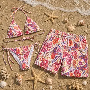 Tropical Floral Butterfly Bikini & Men’s Shorts Set – Vibrant Summer Beachwear with Artistic Nature Print, Perfect for Vacation, Sun, and Relaxed Coastal Days