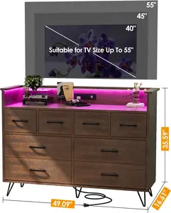 Stylish Antique Dark Dresser with 8 Drawers, LED Lighting & Built-In Charging Station - Modern Storage for Bedroom, Entryway, and Living Room – Perfect for Organizing Essentials