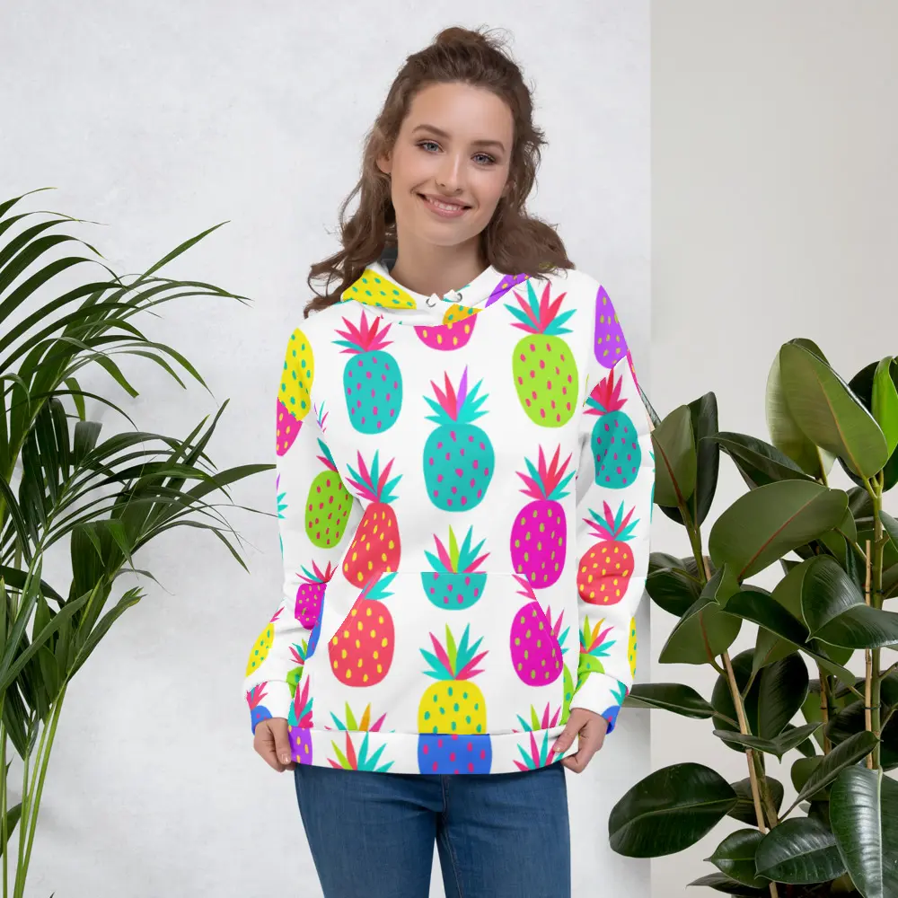 Colorful Pineapple Print Unisex Hoodie, Tropical Fruit Print Pullover Sweatshirt, Bright Summer Hoodie, Fun Beach Gift, Cute Preppy Style