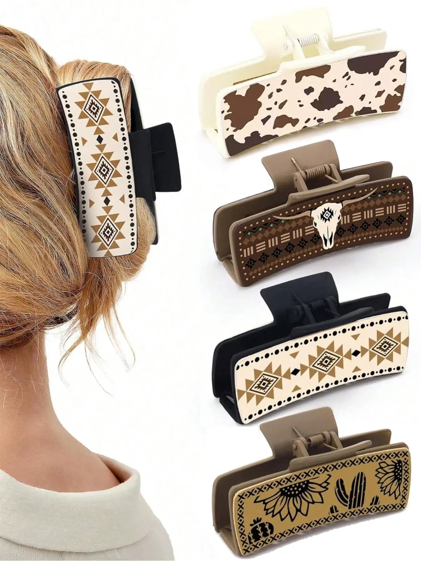 Ladies' leather hair claws, Super Cute Clips, cute cow and sunflower square hair accessories retro denim style hair accessories suitable for parties, afternoon tea, Valentine's Day gifts, Mother's Day gifts daily casual hair accessories Claw Clip