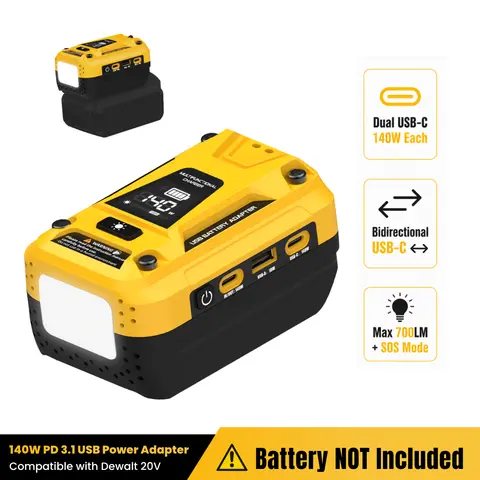 Azocek 140W PD 3.1 USB Adapter for Dewalt 20V Battery, Bidirectional Fast Charger & Portable Power Station with Dual USB-C, 18W USB-A, LED Digital Display & Multi-Mode Work Light (Battery Not Included)