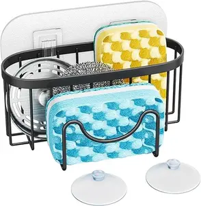 Multifunctional Sponge Holder with Unique M-shaped, Two Installation Methods Kitchen Sink Organizer, Rustproof Stainless Steel Sink Caddy for Sponge, Brush, Sink Stopper and Scraper -Black