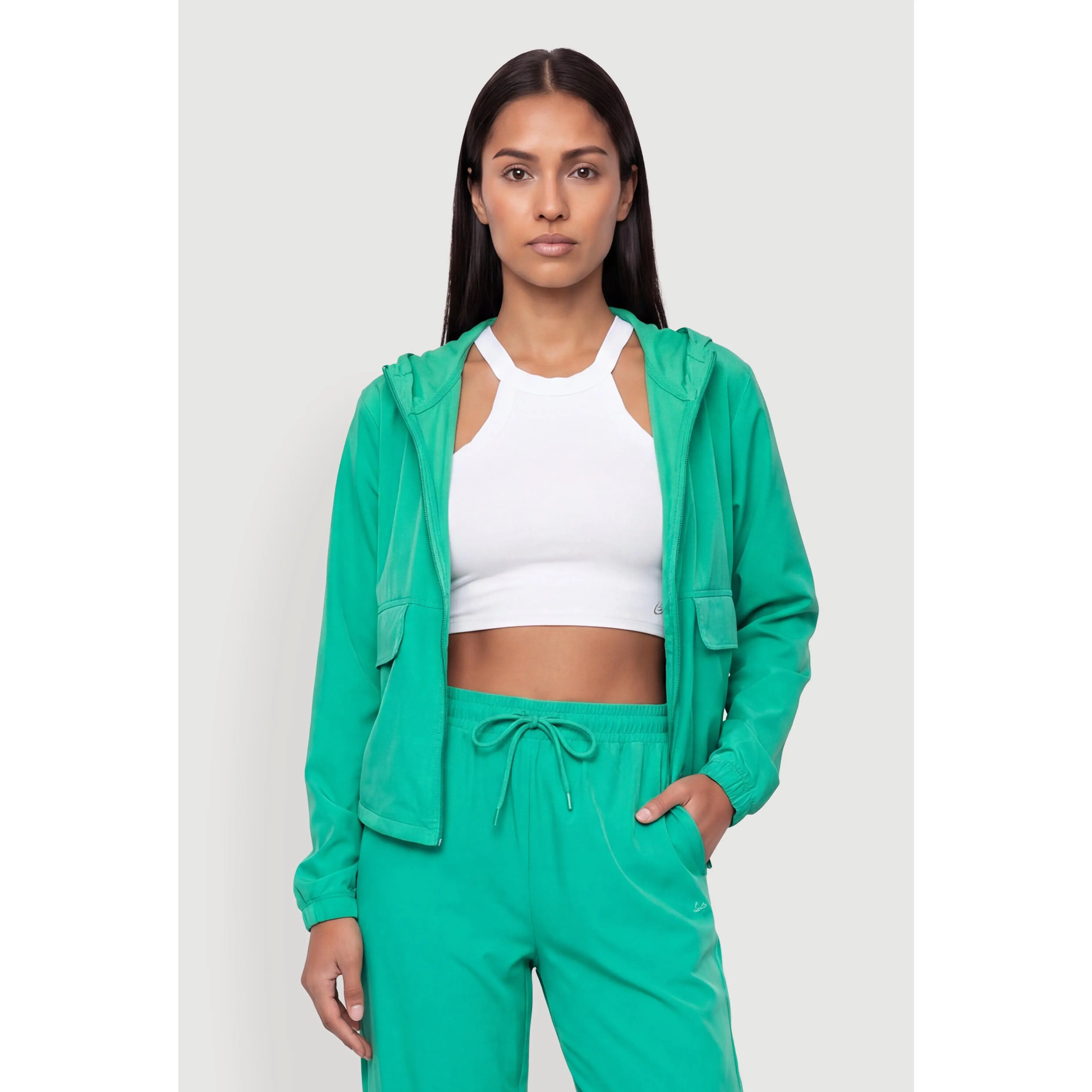 Solid Zip Front Hooded Active Jacket