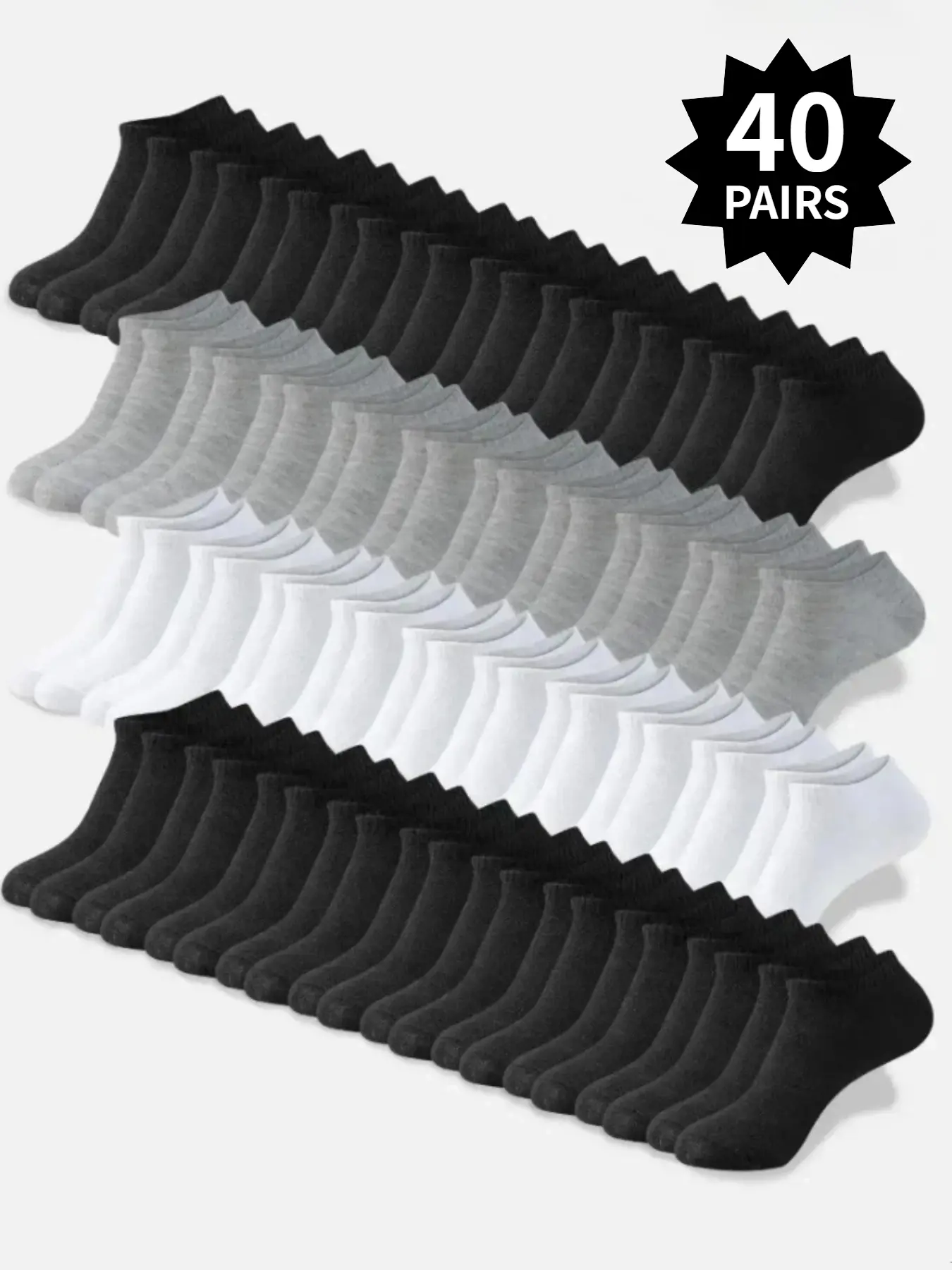 40 pairs of minimalist solid-color ankle socks. Soft and breathable athletic socks for casual wear. Sporty and stylish Plain socks in white/black/gray. Minimalist solid-color designs suitable for all seasons. Casual Comfy Socks Set