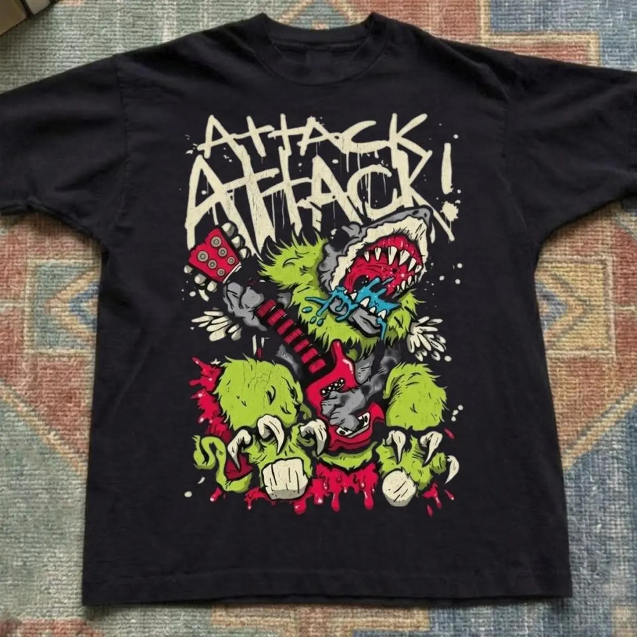Attack Attack Wolf Playing Guitar Band Graphic T shirt and Baby Tee | Vintage Metalcore Crabcore Concert Merch | Alt Grunge Rock Streetwear Tee