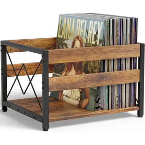 Vinyl Record Storage Crate, Wooden Storage Box, Classic Cube CD Albums Shelf Holder Organizer, Holds Up to 100+ Records, Magazine Rack for Desktop Home Office, Brown