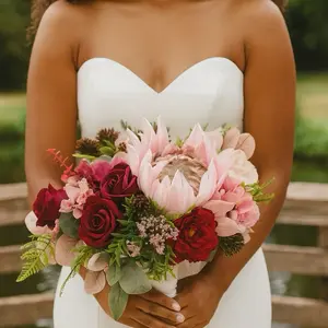 Blush & Burgundy Protea Bridal Bouquet Artificial Wedding Flowers Keepsake Bouquet with Pink Roses and Greenery