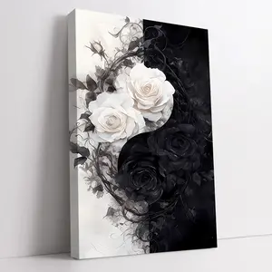 Gothic Yin Yang black and white roses canvas wall art, 2D HD print moody floral poster, framed/unframed wall decor for home, contrasting rose artwork, great home decoration gift
