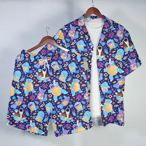 Squirtle Blastoise Hawaiian Button-Up Shirt, Tropical Ocean Turtle Pattern Fabric Shirt, Summer Beach Gift Short-Sleeve Casual Hawaiian Set