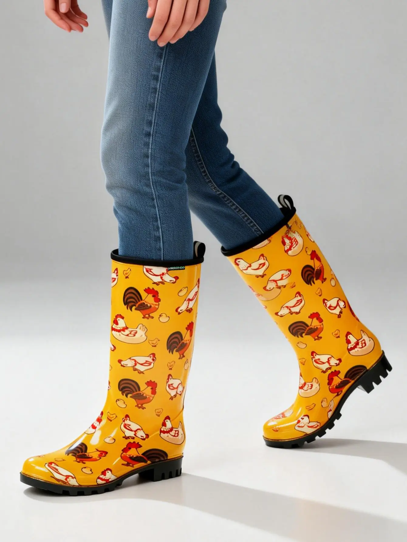 Women's Chicken Print Tall Rain Boots - 100% Waterproof Non-Slip Rubber Shoe, Chic Round Toe Footwear, All Seasons Farm Style Wellies for Rainy Days & Gardening, Chic Look, Farm Lovers, Outdoor Wear, Slip-On, Block Heel, Mid-Calf, Walking Shoes