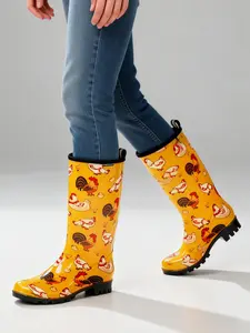Women's Chicken Print Tall Rain Boots, 100% Waterproof Non-Slip Rubber Boots, Cute Farm Style Wellies for Rainy Days, Gardening & Outdoor