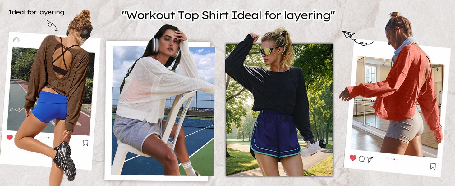 Mundoven Women's Open Back Tops Y2K Short / Long Sleeve Workout Shirts Casual Yoga Athletic Gym Slouchy Crop Running Tees