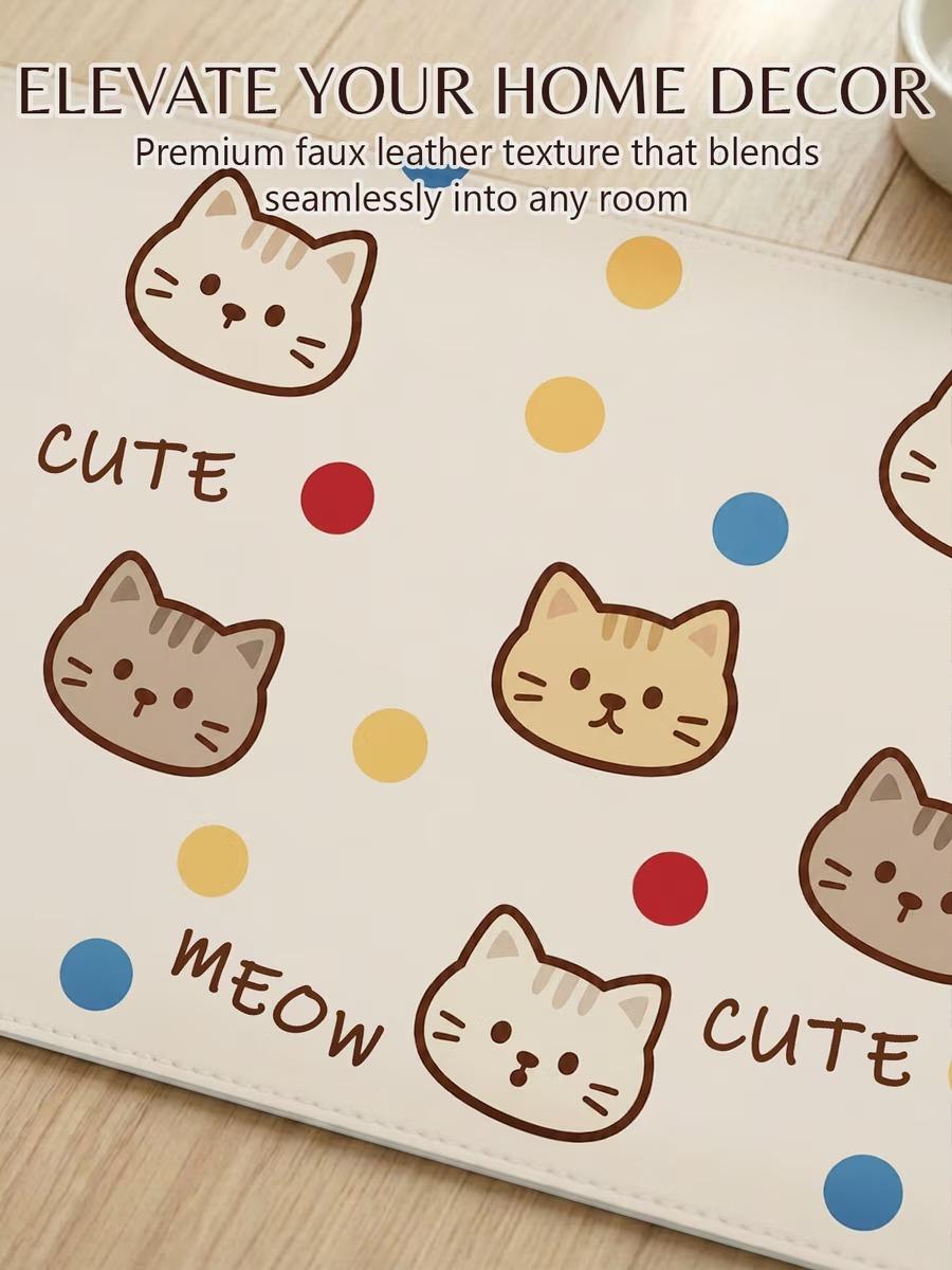 furrybaby Cute Cartoon Face Waterproof Leather Dog & Cat Placemat, Small/Medium Pet Placemats for Easy Clean Meals, Mess Proof Multicolor Feeding Accessory