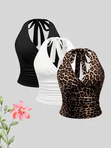 Elegant Plain Color Leopard Print Halter Women's Sleeveless Tank Top Set, Fitted Casual Style, Three-Piece Set, All Seasons Wear