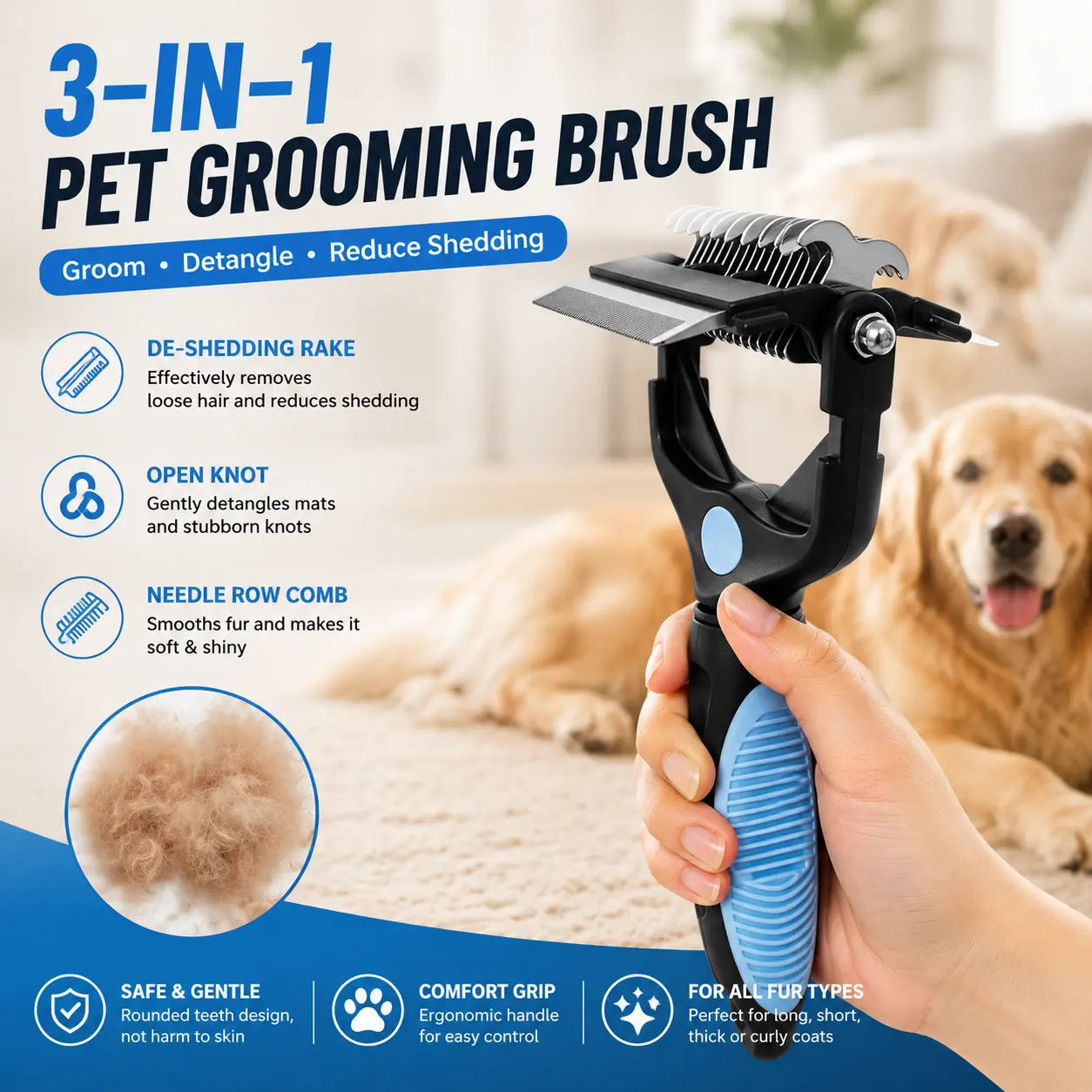 Dog & Cat Deshedding Comb, Dematting Brush & Undercoat Rake – Ergonomic Foldable Design for Heavy Shedders, Removes Mats and Loose Fur without Pulling