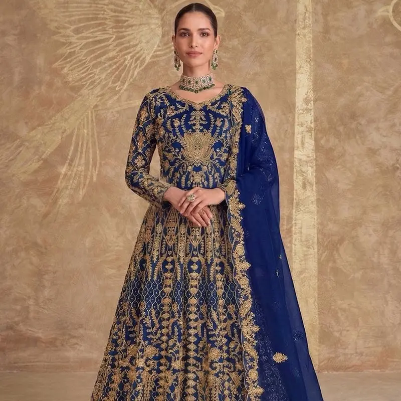 Blue color, Big Size 3XL/44-46. Embroidered Net Wedding Wear Gown with Dupatta with heavy coding, intricate stone work, and dense embroidery, Coding work
