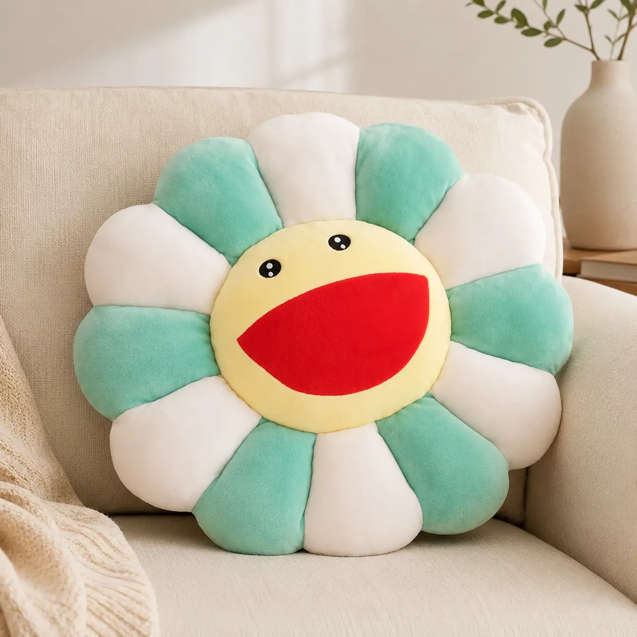 MIUVA Flower Plush Pillow with Smiley Face Rainbow Decor Soft & Comfortable 16.5in Ideal for Home Decor Sunflower Design Living Room Microfiber Double-Sided Cushion Decoration