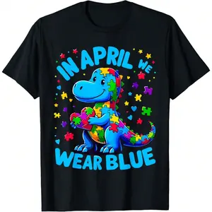 Autism Awareness In April We Wear Blue T Rex Dino Design Breathable Cotton Fabric Comfortable And Soft Knit Texture Durable And Easy To Clean Machine Washable Perfect For Awareness