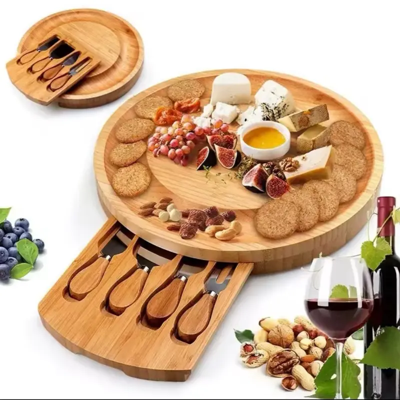 Bamboo Cheese Board Set with Portable Outdoor Dinner Plates, Cheese Knife & Hotel Restaurant Decoration Accessories for Outdoor Gatherings