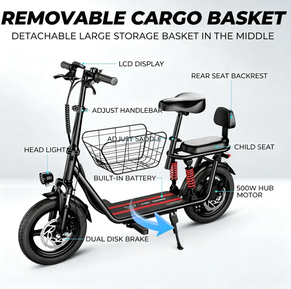WINDHORSE C3 Folding Electric Scooter with Seat for Adults, 850W Peak, 14” Tire, 25 Miles Max Range, 22 MPH, Dual Suspension, 3 Gear Speed, Adjustable E Scooter with Seat and Basket for Commuting, 330lbs Load