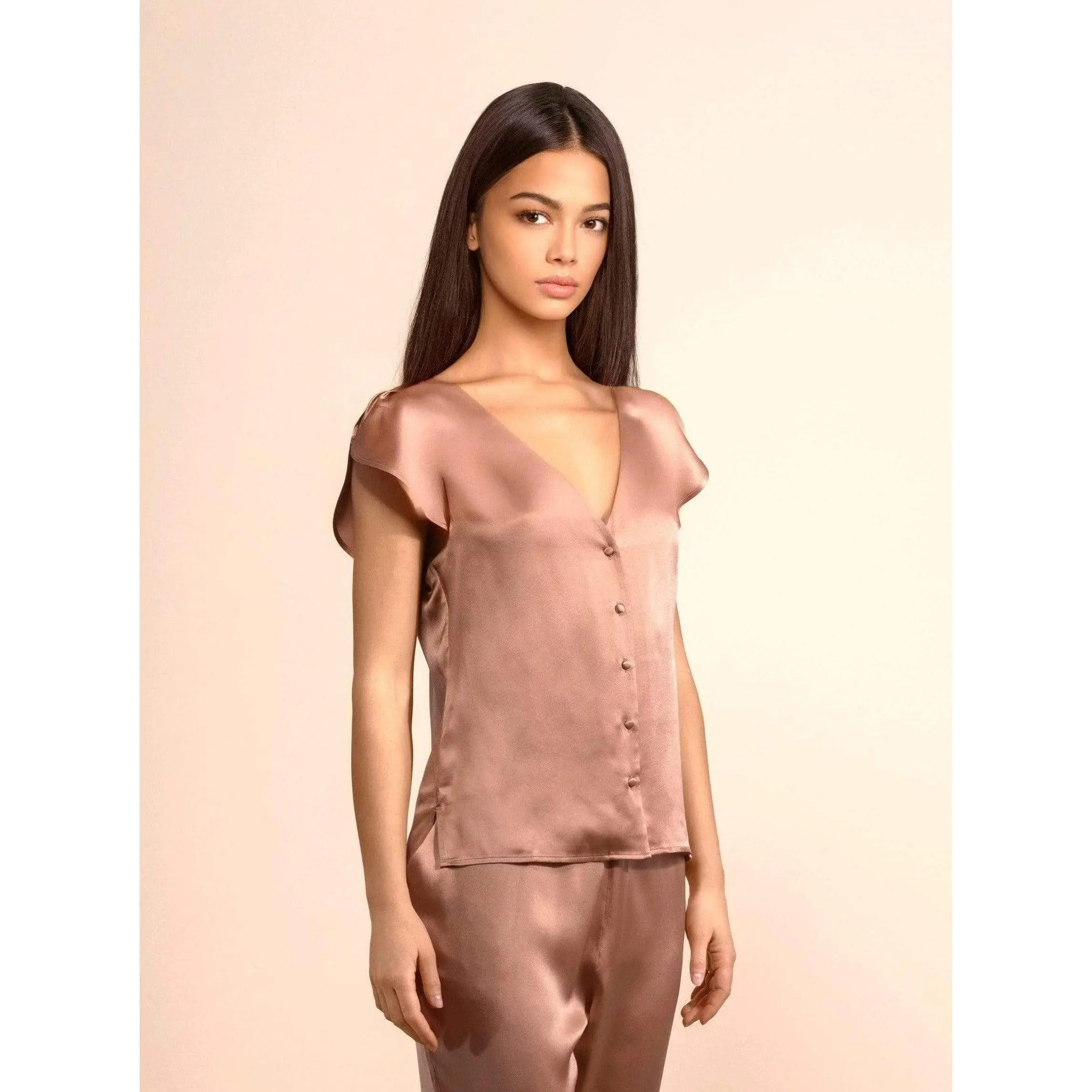 Chelsea Silk Button Up Top · Sunset Rose