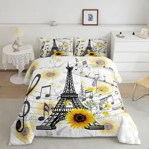 Eiffel Tower Comforter Set,Cute Sunflower Paris Tower Bedding Set,Floral Music Themed Comforter,Queen Size with 3 Pillow Case