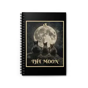 Moon Tarot Spiral Notebook, Number 18 Ruled Journal, Three Cats Moon Writing Notebook, 6 x 8