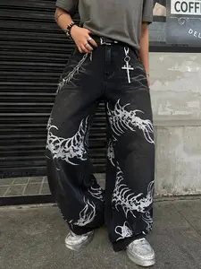 Men's Hip-Hop Print Embroidered Loose Jeans, Streetwear Y2K Style, All-Season Casual Fashion, Multiple Sizes Available