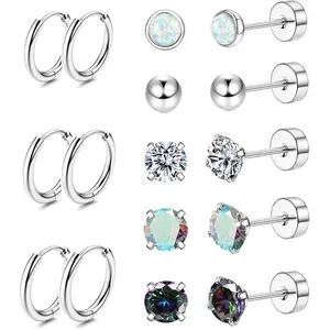 Surgical Steel Earrings for Sensitive Ears Hypoallergenic 20G Stainless Steel Stud Hoop Earrings for Women Men Small Opal Ball CZ Surgical Steel Flat Back Earrings Cartilage Earrings Hoop Stud